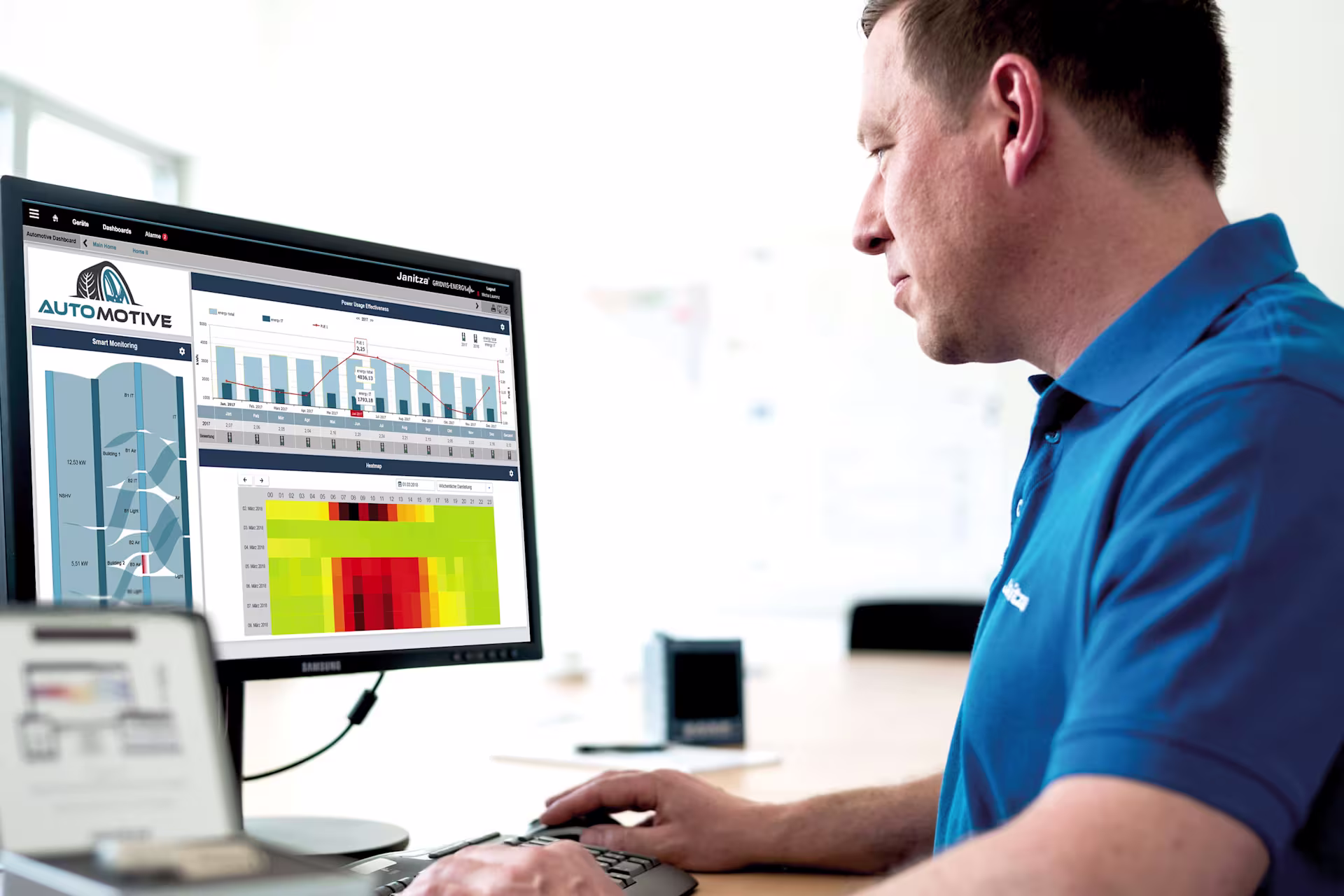 Employee analyzes energy data on a computer screen with GridVis software