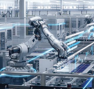 Industrial robot in a solar panel factory surrounded by futuristic blue lights