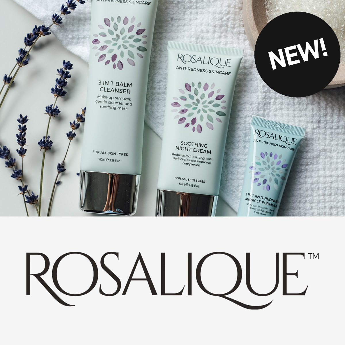 Rosalique anti-redness skincare -tuotteet, mukaan lukien 3 in 1 balm cleanser, soothing night cream ja anti-redness miracle formula, laventelin oksien ympäröimänä.